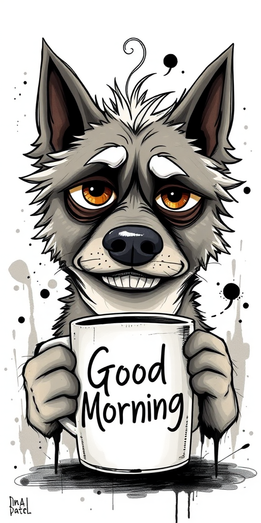 A quirky, artistic illustration of a disheveled akita pit dog breed with exaggerated, large eyes and spiky fur, holding a coffee mug that reads "Good Morning". The dog has a tired but humorous expression, with ink splatters and abstract details surrounding it, giving a whimsical feel to the image. The color palette is mostly monochrome with hints of brown in the eyes and steam rising from the mug, enhancing the overall sleepy vibe
