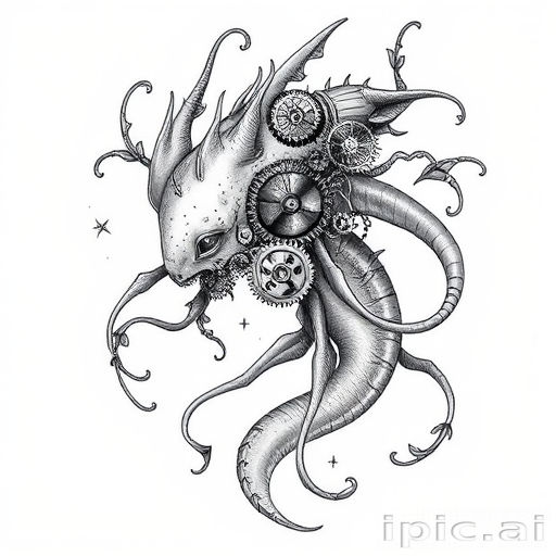 Surrealist bio-organic tattoo depicting a hybrid creature with mechanical gears and flowing tendrils, incorporating elements of steampunk and art nouveau styles in a monochromatic grayscale palette