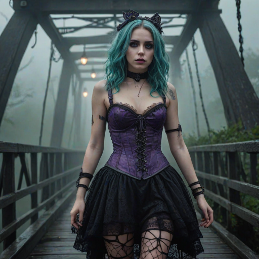 (Bottom-up view view:1.5) Cinematic glamour portrait of a beautiful ((skiny:1.1)) young girl, detailed purple eyes, wearing a Dark Alice in Wonderland dress with a Lace-up corset,  wearing Doc Martens boots with Ripped fishnet tights, green velus hair, on A gothic, fog-shrouded bridge, mist softly illuminated by a bluish or violet light source, supernatural feel, a giant Kraken comes from the mist, dark movie, look in the style of a horror science fiction movie, Dusk on a foggy bridge, unity 8k wallpaper, ultra detailed, beautiful and aesthetic, best quality, intricate, sharp focus, 8k textures , intricate, highly detailed, sharp focus, insane details, intricate details, hyper detailed, exposure blending, hdr, hyperrealistic, shot with Mamiya Leaf, Leica Elmar-M lens, 85mm, f/1.8, (high detailed skin:1.2), uhd, dsir, soft lighting, high quality, film grain,