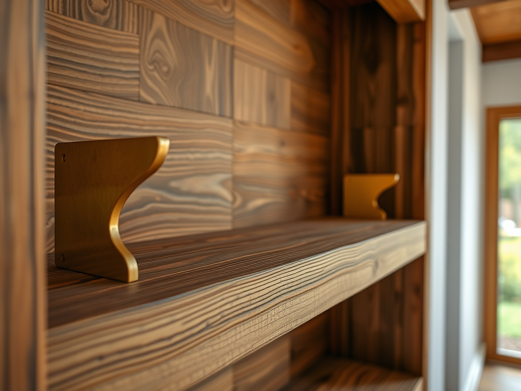 Create a high-quality image of a wooden shelf with golden brackets, shot with a DSLR camera at f/2.8 aperture, 50mm lens, ISO 100, with a focused view and soft natural lighting to enhance texture and detail.