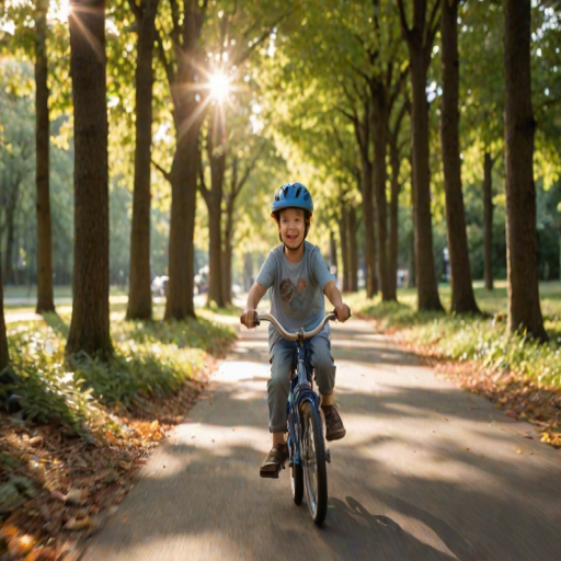 Blurry action shot of a young child riding a bicycle down a tree-lined path, sunlight filtering through the leaves, creating a playful and carefree atmosphere.