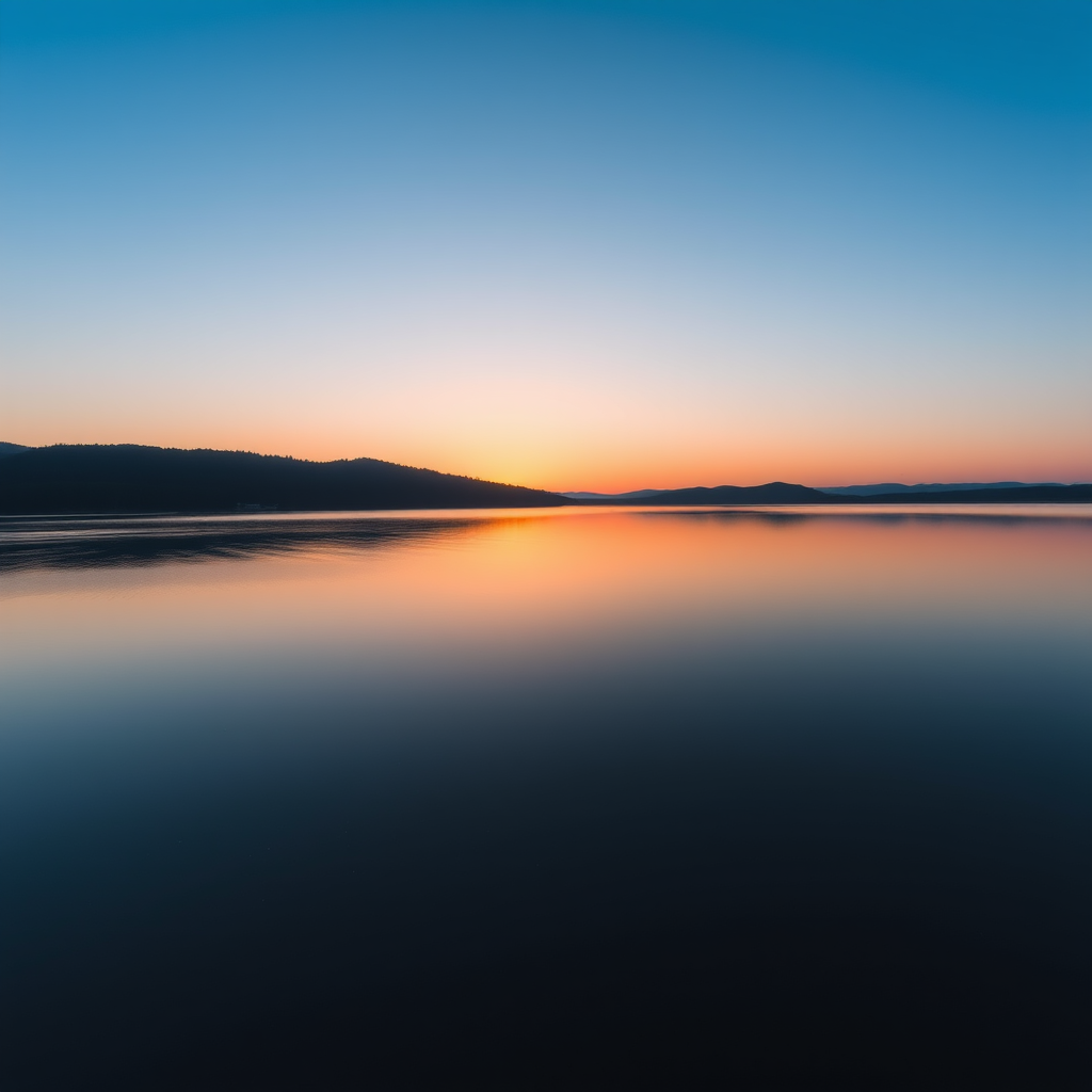 Generate a high-resolution image of a serene landscape with a clear blue sky reflecting on a calm lake during sunset, using a DSLR camera with a 50mm lens, aperture f/2.8, ISO 100, and a shutter speed of 1/125s for optimal quality.