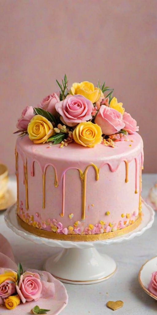 Create an image of a small round cake decorated with pink and yellow floral frosting. The cake should have a smooth white base with a pink drip effect on one side, and a heart-shaped decoration made of gold. The background should feature greenery to enhance the presentation.