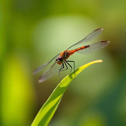 macro shot of a dragonfly perched on a green leaf with blurred natural background, aperture f/2.8, shutter speed 1/200s, ISO 100, 50mm lens, shallow depth of field, natural lighting, DSLR camera