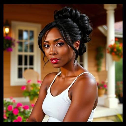 A photo of Angela Bassett with a background of a cozy porch. She has dark hair pulled back in an updo, with tendrils framing her face. She wears a white tank top and sits on the porch. The porch is part of a well-lit home with a warm, earthy tone and colorful flowers and foliage. The overall scene has a warm, welcoming, and comfortable ambiance.