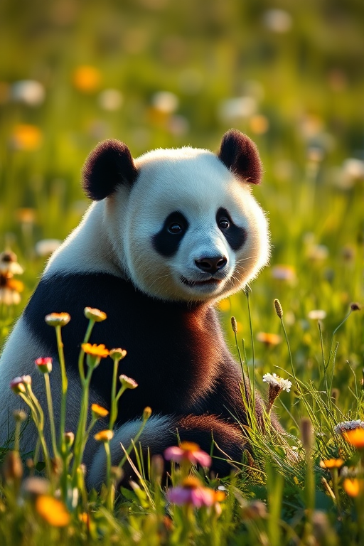 A serene panda sitting in a lush green meadow filled with wildflowers, captured in soft morning light, using a full-frame DSLR camera, 85mm lens, f/2.8 aperture, ISO 100, 1/200 sec shutter speed, shallow depth of field.