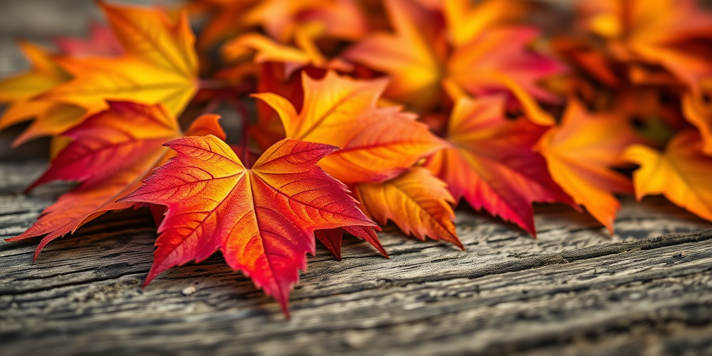 close-up of vibrant autumn leaves on a rustic wooden surface with a shallow depth of field, natural lighting, f/2.8 aperture, 50mm lens, ISO 100, macro photography style