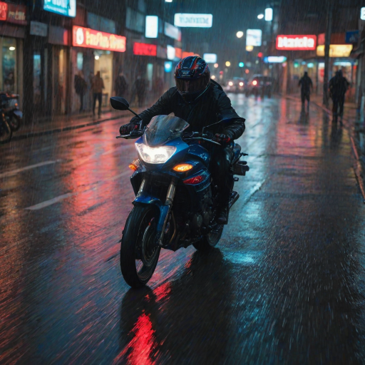Blurry, dramatic shot of a motorbike speeding down a rain-soaked road at night, neon lights from nearby shops reflecting on the wet pavement, with streaks of red and blue trailing the bike.