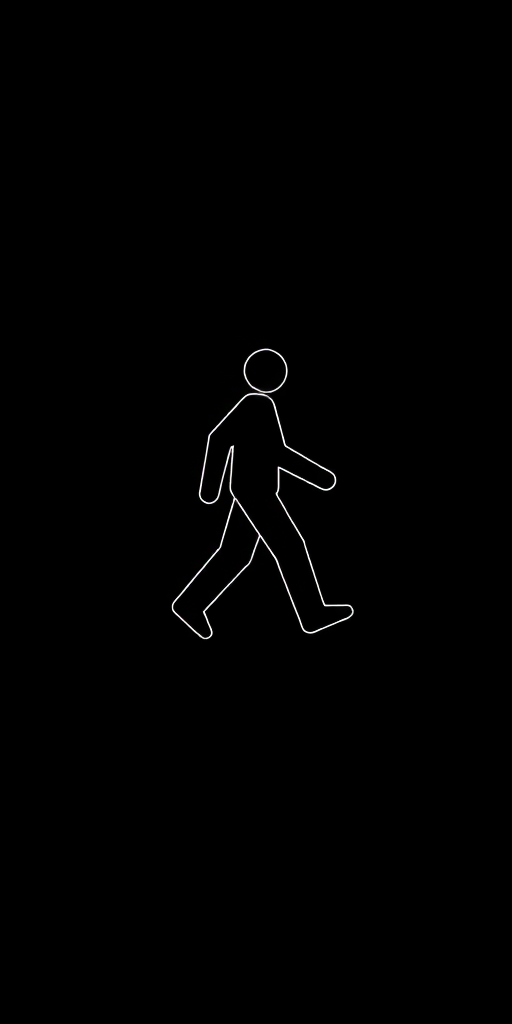 Create a high-quality vector style walking figure icon on a black background, camera settings: ISO 100, aperture f/8, shutter speed 1/60, camera view: front view, camera style: minimalistic design, camera type: digital graphic design software.