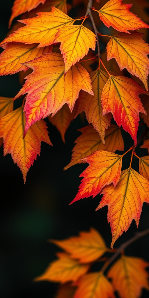 Capture a close-up of vibrant autumn leaves on a dark background with a shallow depth of field using a DSLR camera, 50mm lens, f/2.8 aperture, ISO 100, 1/200s shutter speed, natural lighting, high-resolution image.