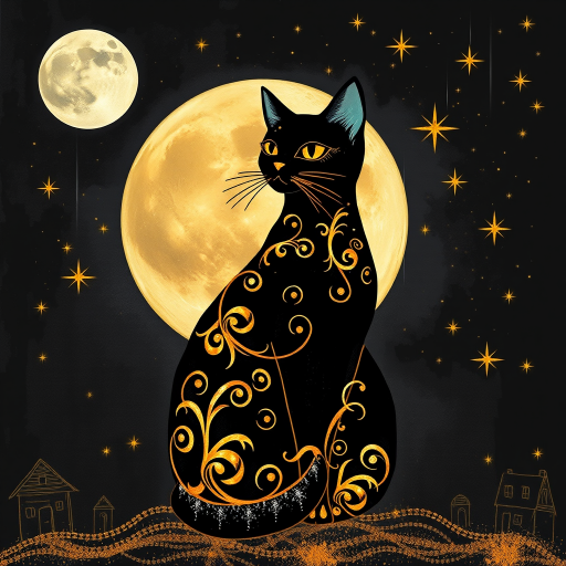 a stylized black cat with iridescent golden arabesques all over its body, on a grungy smoky black background with matching celestial designs, a full moon with silhouettes of lit houses, bright shooting stars, dazzling, magical BG, reminiscent of Christmas wonderland
