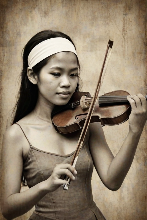 a young Cambodian woman with a white headband playing a violin, in the style of a charcoal drawing, sepia grunge background