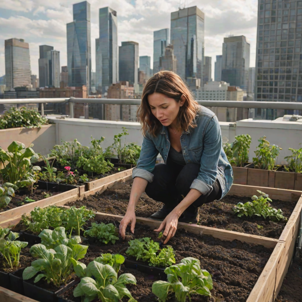 Quiet urban rooftop garden, skyscrapers in the distance, a woman tends to a small vegetable patch, her hands dirty with soil as she hums to herself.