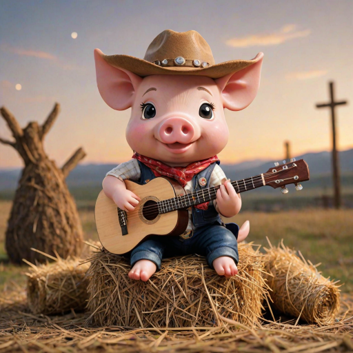 A chibi pig, dressed as a cowboy, playing guitar, sitting on a hay bale