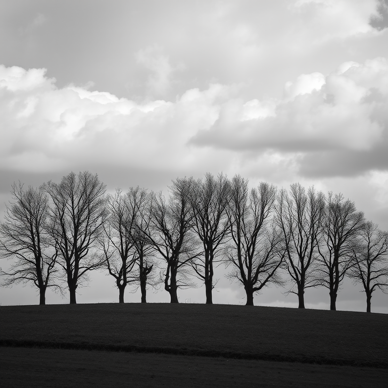 Create a high-resolution black and white landscape photograph of a row of bare trees on a hill under a dramatic cloudy sky, using a DSLR camera, 50mm lens, f/8 aperture, ISO 100, and a shutter speed of 1/200s, capturing a wide-angle view with emphasis on contrast and texture.