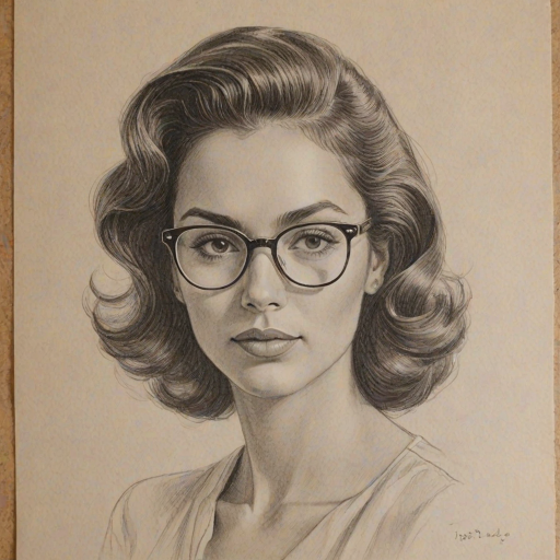 Wonderful Isabela Merced, pencil sketch, portrait of Gorgeous woman 1949s in glasses, hair style beatnik, outline, clear lines, fine lines, 8k
