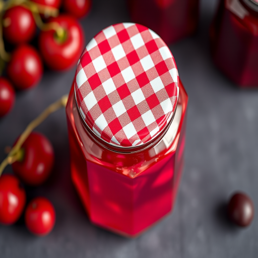 Create a high-resolution image of a jar of jam with a classic checkered lid, showcasing vibrant red and pink hues, shot with a DSLR camera at f/2.8 aperture, ISO 100, 50mm lens, natural light, top-down view for a clean, crisp appearance, enhancing texture and color saturation.