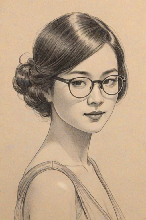 Splendid Keiko Agena, pencil sketch, portrait of Graceful woman 1920s in glasses, hair style beatnik, outline, clear lines, fine lines, 8k