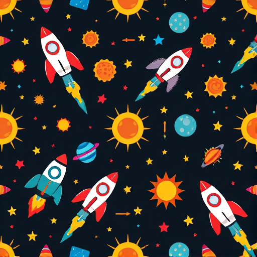 Create a whimsical, seamless pattern of colorful rockets, planets, suns, and stars on a dark background, using a digital camera, 50mm lens, f/2.8 aperture, ISO 100, top-down view, soft lighting, and high-resolution settings to enhance image quality.