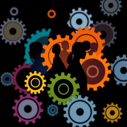 generate a high-resolution vector graphic of a diverse group of abstract human figures in silhouette overlapping colorful gears, using Canon EOS R5, aperture f/2.8, ISO 100, 50mm lens, with a soft focus and vibrant color contrast on a black background