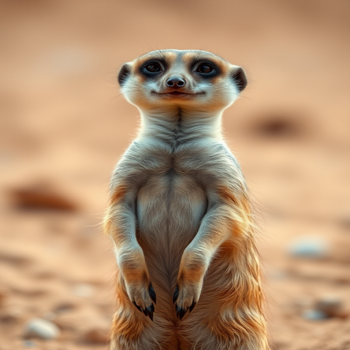 meerkat standing alert in desert surroundings, shallow depth of field, soft natural lighting, 50mm f/1.8 lens, ISO 200, aperture f/2.8, shutter speed 1/250s, DSLR camera, close-up view