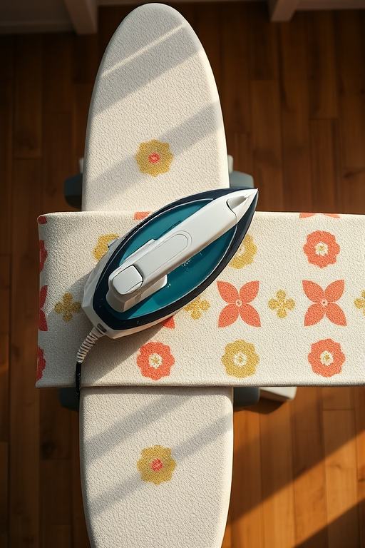 Create a high-resolution image of an iron and ironing board, using a DSLR camera with a 50mm lens, aperture f/5.6, ISO 100, natural lighting, and a top-down view, ensuring crisp details and vibrant colors.