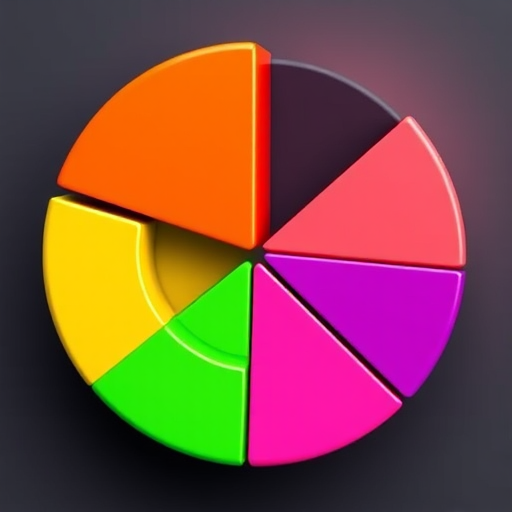 Create a 3D pie chart with vivid colors including yellow, red, green, pink, and blue, add a glossy finish, use a DSLR camera with an aperture of f/2.8, ISO 100, shot from a 45-degree angle, and a shallow depth of field.