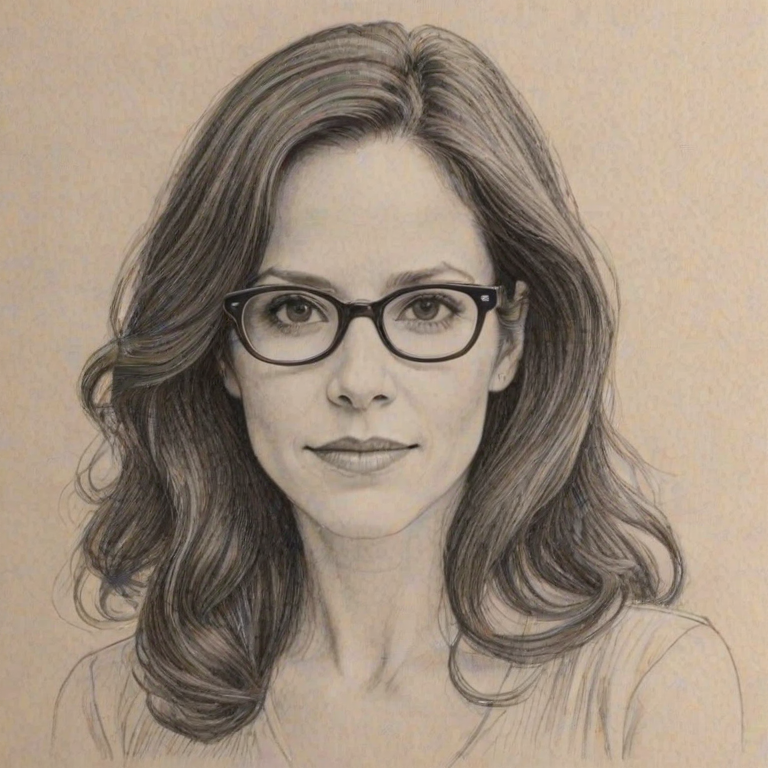 Delightful Mary-Louise Parker, pencil sketch, portrait of Delightful woman 1949s in glasses, hair style beatnik, outline, clear lines, fine lines, 8k