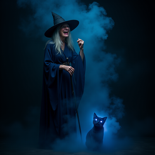 Close-up of a mysterious old crone female witch and her cat made of blue smoke are standing in the dark cackling evilly at the viewer. The smoke is a deep blue, and the background is black. The crone is wearing a long, flowing robe and has a pointed hat on her head. She is holding a staff in one hand and has a mischievous look on her face. The cat is sitting at her feet, looking up at her with glowing blue eyes. The smoke around them is swirling and shifting, as if it has a life of its own. The overall effect is eerie and magical.
