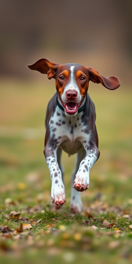 High-quality image of a running German Pointer dog, captured from a low angle using a DSLR camera with a 50mm lens, aperture set to f/2.8, ISO 100, and shutter speed 1/500s, showcasing vivid colors and dynamic movement against a blurred background for depth.