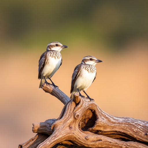 two birds perched on a driftwood log in a natural setting with soft blurred background, taken with a DSLR camera using a 200mm lens, aperture set to f/4, ISO 200, shutter speed 1/500s, sharp focus on the birds, natural light during golden hour