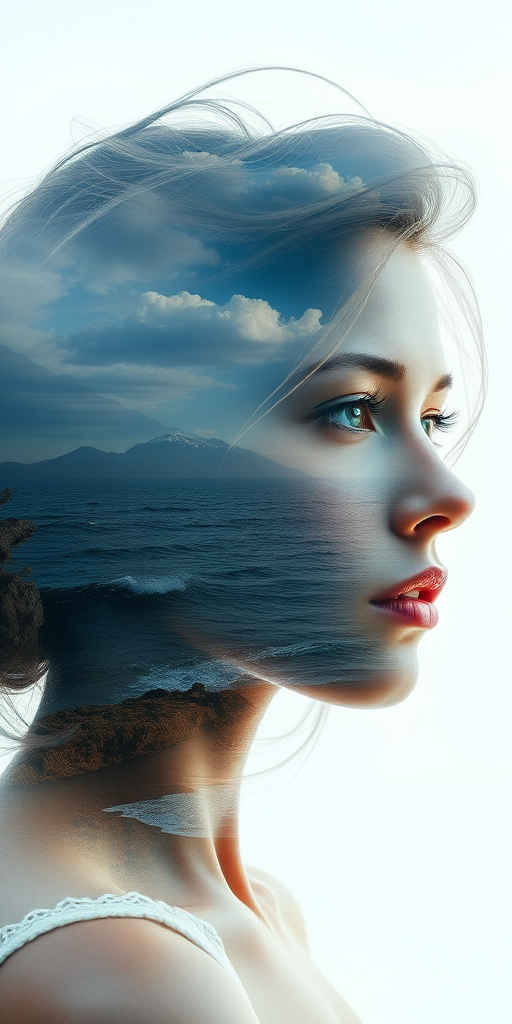this photo is Book cover, A surreal double exposure portrait that blends a woman's face with a beautiful seascape. The overall mood is dreamy and mystical, with rich colors and intricate details
