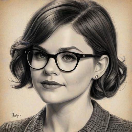 Resplendent Ginnifer Goodwin, pencil sketch, portrait of Ravishing woman 1946s in glasses, hair style beatnik, outline, clear lines, fine lines, 8k