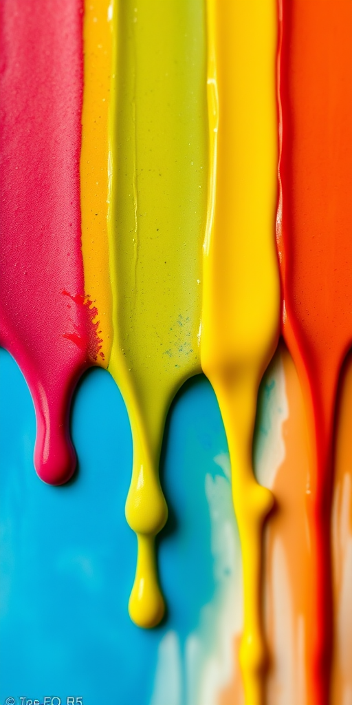 Generate an abstract image featuring five vertical paint drips in vibrant colors, using a Canon EOS R5 camera with a 50mm f/1.2 lens, aperture set to f/2.8, shutter speed at 1/200s, ISO 100, focus on the texture and color gradients, shot from a low angle with a soft focus background to enhance depth and richness.