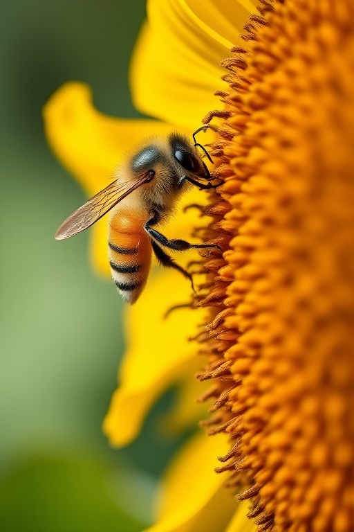 macro shot of a bee on a sunflower, f/2.8 aperture, ISO 100, 90mm lens, 1/250s shutter speed, natural sunlight, shallow depth of field, high detail, vibrant colors, DSLR camera