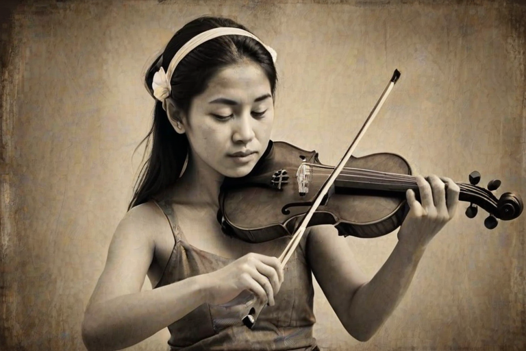 a young Bhutanese woman with a white headband playing a violin, in the style of a charcoal drawing, sepia grunge background