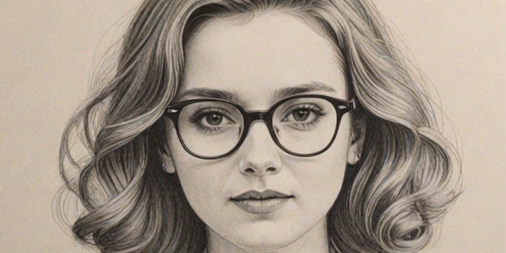 Fetching Maude Apatow, pencil sketch, portrait of Gorgeous woman 1962s in glasses, hair style beatnik, outline, clear lines, fine lines, 8k