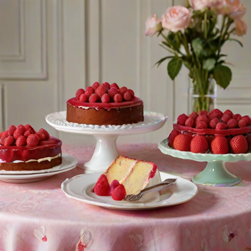 Create an image of a beautifully arranged dessert table featuring slices of raspberry cake topped with fresh raspberries. Include elegant plates and forks, with a soft floral tablecloth in the background to add a touch of charm. Ensure the lighting is warm and inviting, highlighting the texture of the cake and the vibrant color of the raspberries.