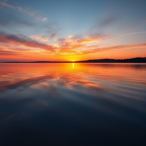 Capture a high-resolution image of a sunset over a calm lake, using a Canon EOS R5 with a 24-70mm f/2.8 lens, ISO 100, aperture f/11, and shutter speed 1/60s, shot from a low angle to include reflections in the water for added depth and color vibrancy.