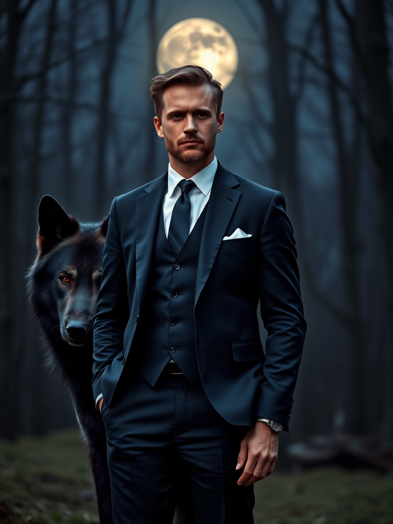 A sharply dressed man in a tailored navy suit stands confidently beside a large black wolf under a full moon in a forest setting, captured with a Canon EOS R5, 50mm lens, f/1.8 aperture, ISO 100, soft focus background, and subtle dramatic lighting to enhance details and textures.