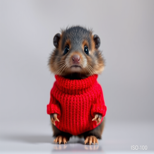A cute and fluffy animal resembling a mole, wearing a cozy red sweater, standing upright against a transparent background, captured with a DSLR camera, 50mm lens, f/2.8 aperture, ISO 100, in natural lighting for enhanced detail and color vibrancy.