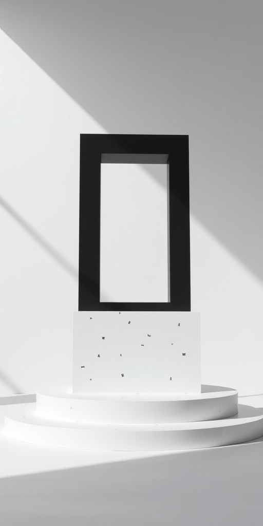 Create a 3D rendering of a minimalist black and white monument on a pedestal, using a DSLR camera set to f/8 aperture, ISO 200, 50mm lens, shot from a low angle view with soft natural lighting to enhance the image quality.