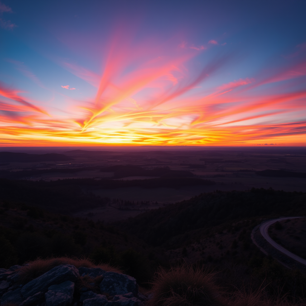 Generate a high-resolution image of a serene landscape during sunset with vibrant colors in the sky, use a Canon EOS 5D Mark IV with a 24-70mm f/2.8 lens, aperture set to f/8, ISO 100, shutter speed 1/60s, and a wide-angle view to capture extensive scenery.