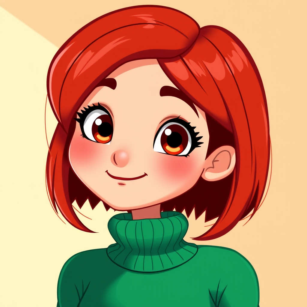 Create a digital illustration of a cartoon woman with short red hair, large expressive eyes, and a subtle smile, wearing a green sweater, vibrant colors, high contrast, with a clean background, shot with a DSLR camera using a 50mm lens at f/2.8 aperture, ISO 200, and in natural lighting for sharp detail and rich color.