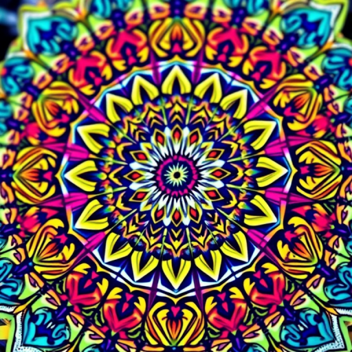Generate an image of a detailed and intricate mandala design with vibrant colors and symmetrical patterns, captured with a DSLR camera at f/8 aperture, 1/125 shutter speed, 50mm lens, in natural light from a slightly elevated angle, with a focus on enhancing color saturation and sharpness.