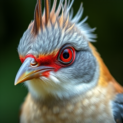 A close-up photograph of a bird with a unique crest and vibrant colors, focusing on its detailed plumage and striking red eye, taken with a DSLR camera using a 100mm macro lens, aperture set to f/2.8, shutter speed at 1/200s, ISO 200, natural light.