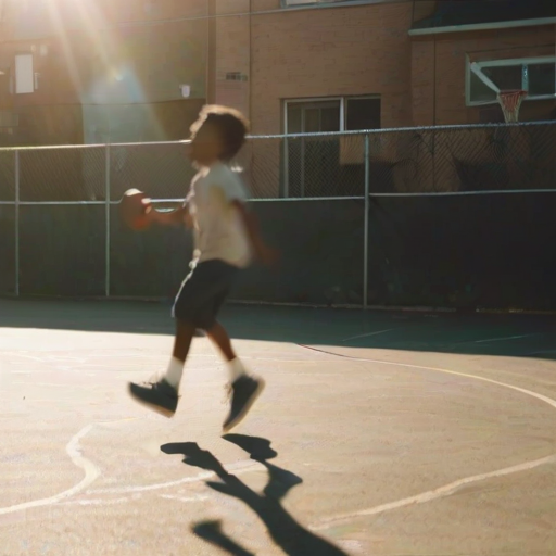 Blurry action shot of a basketball court in an inner city, with a child mid-jump shooting for the basket, and soft sunlight filtering through a chain-link fence in the background.