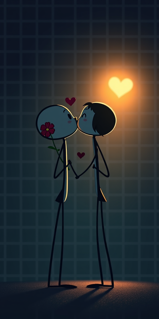 Create an illustration of two cartoon stick figures in love kissing, one holding a flower, against a dark grid background with a glowing light in the top right corner, use a Canon EOS 5D Mark IV, f/2.8 aperture, 50mm lens, ISO 100, shot in portrait orientation, soft lighting for a dreamy effect.