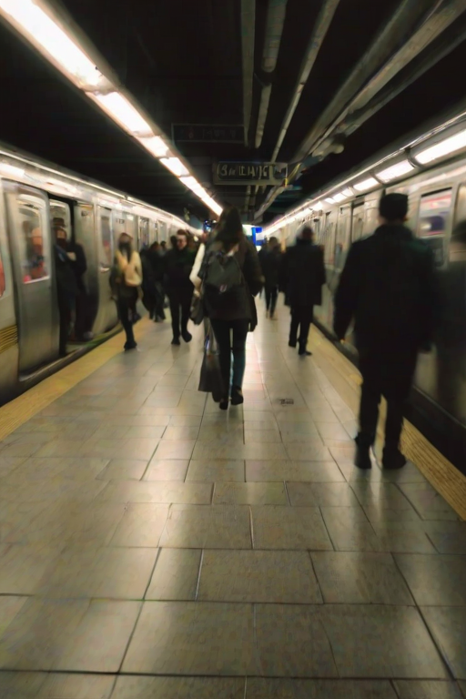 Blurry candid shot of a busy subway platform at rush hour, commuters rushing past, with soft fluorescent lights overhead and a faint reflection of the scene on the glossy floor tiles.