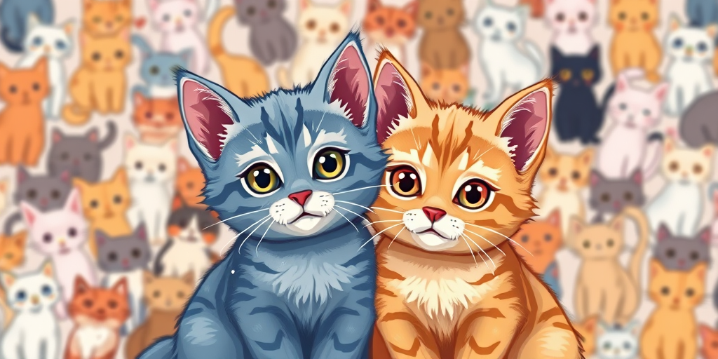 Create a high-quality digital illustration of two adorable cats, one blue and one orange, sitting closely together with expressive eyes, against a colorful background filled with various playful cats; use a Canon EOS R5 camera with a 50mm f/1.2 lens, set at ISO 100, aperture f/2.8, and shutter speed 1/200s for enhanced detail and depth of field.